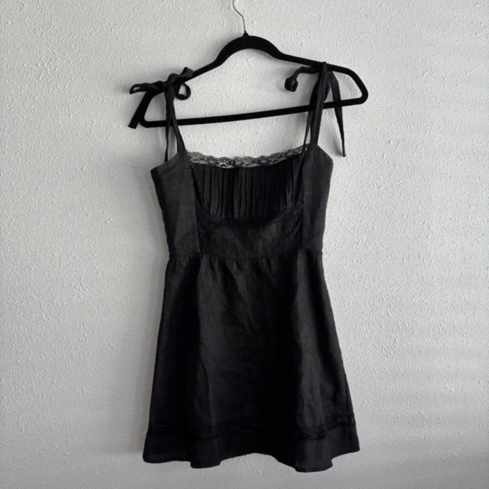 Reformation Domingo Linen Lace Pleated Bodice Bow Strap Mini Dress in Black - Picture 2 of 10